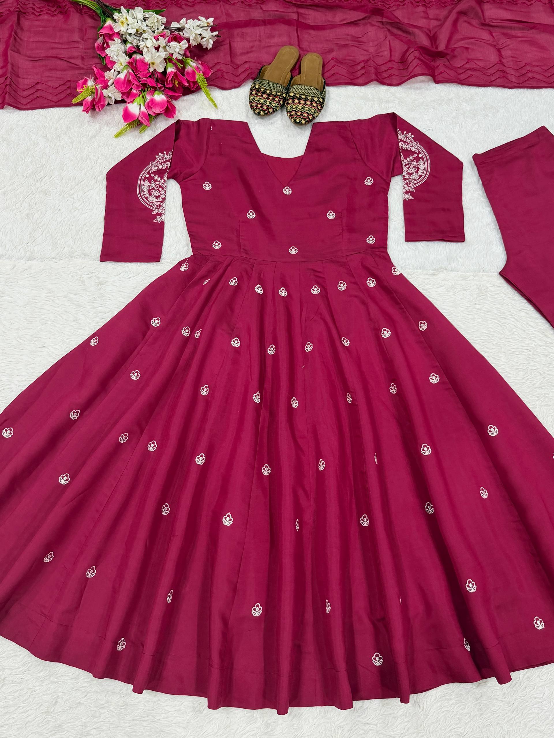 Rich Magenta Maroon Flared Anarkali Suit Set Adorned with Delicate Scattered Floral Embroidery and an Elegant V-Neckline